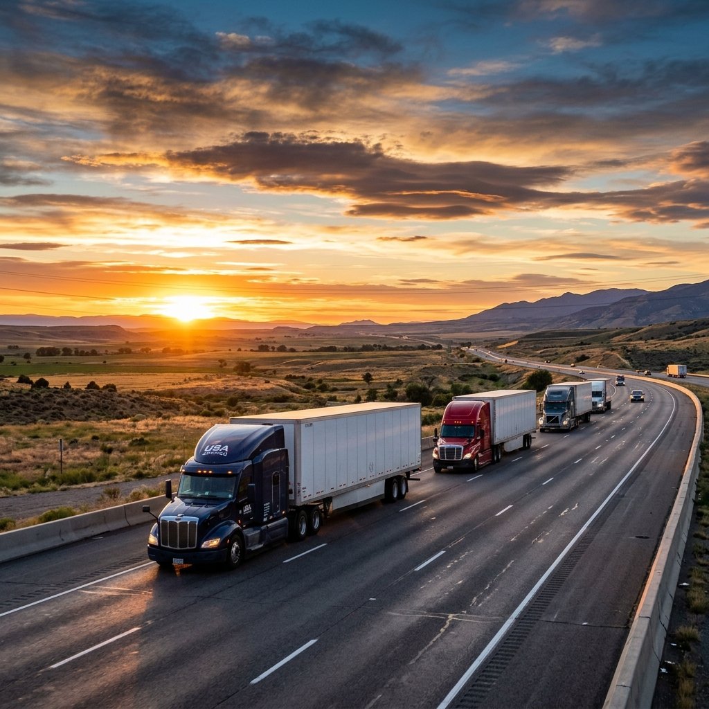 Fleet of semi trucks driving on an American highway at golden hour