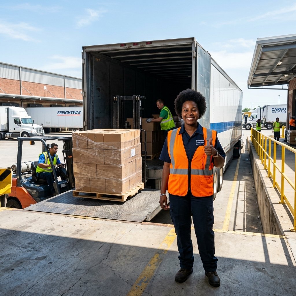Truck driver at a loading dock preparing a shipment